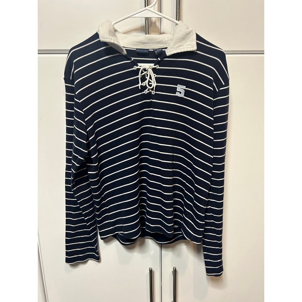 Baileys Point Mens Navy Blue White Striped Lace Up Rugby Shirt Size Large